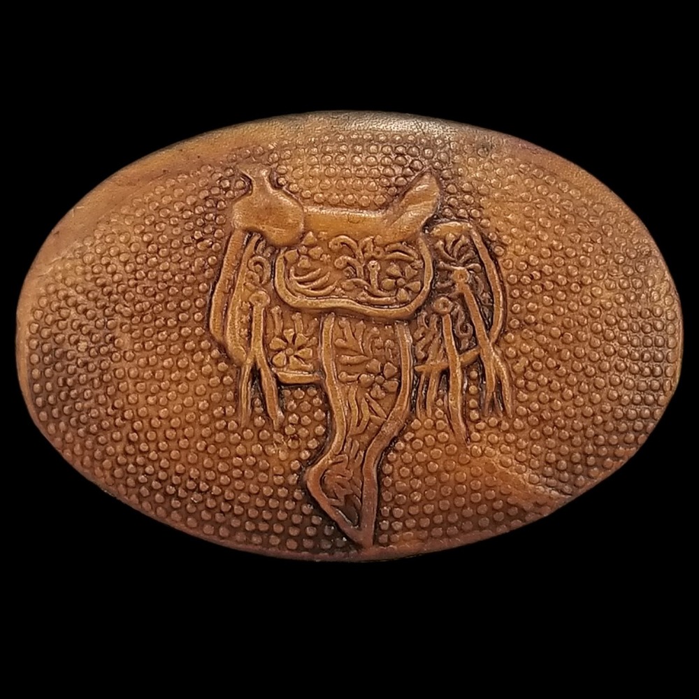 Western Horse Saddle Belt Buckle Oval Textured Leather Over‎ Metal USA Made